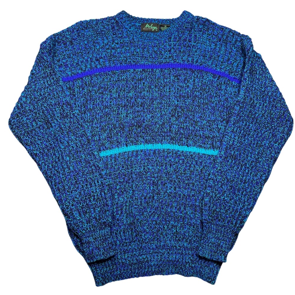 Vintage‎ 90s Blue Marled Knit Sweater Medium Striped Crewneck Pullover
